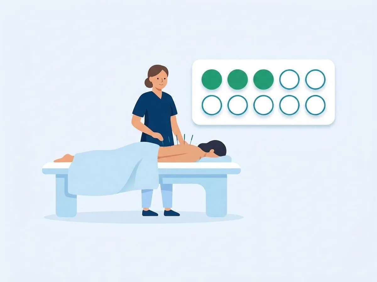 An acupuncturist with a client, next to a card with ten circles, three of them filled