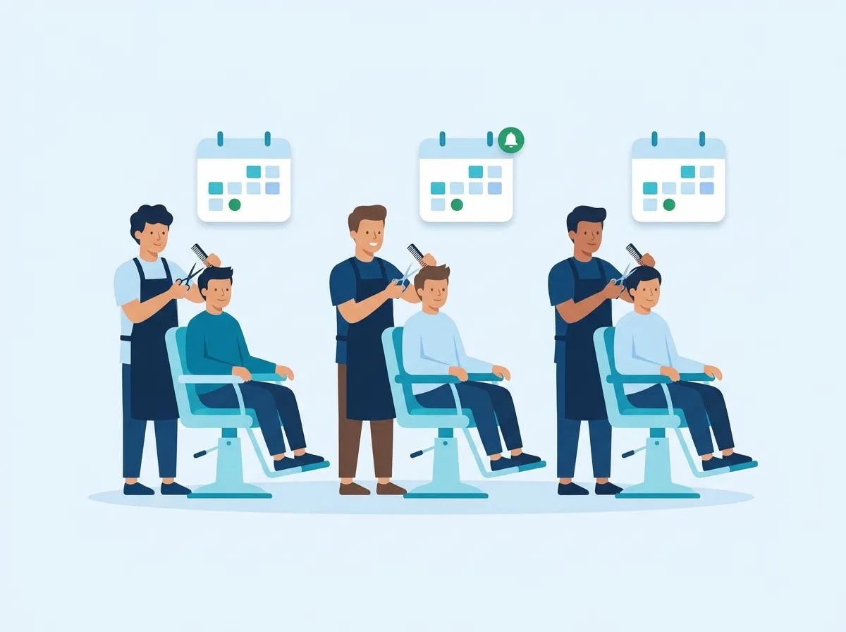 Three barbers cutting hair, each with their own calendar above