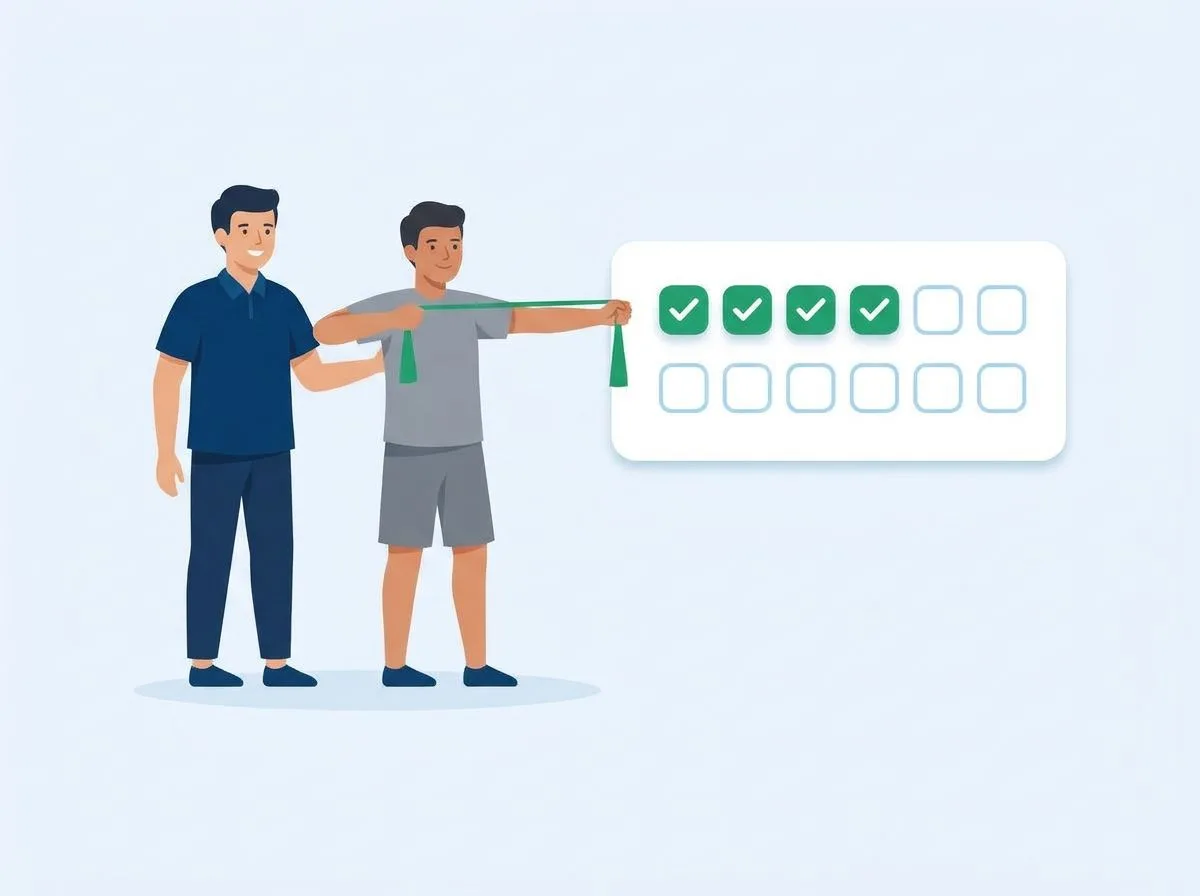 A therapist guiding a band exercise, next to a card with twelve squares, four of them ticked