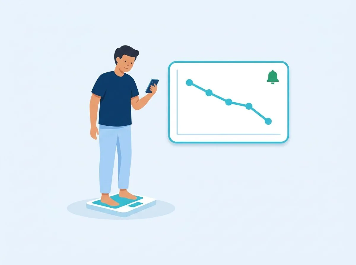 A person on a scale holding a phone, next to a weight chart going down