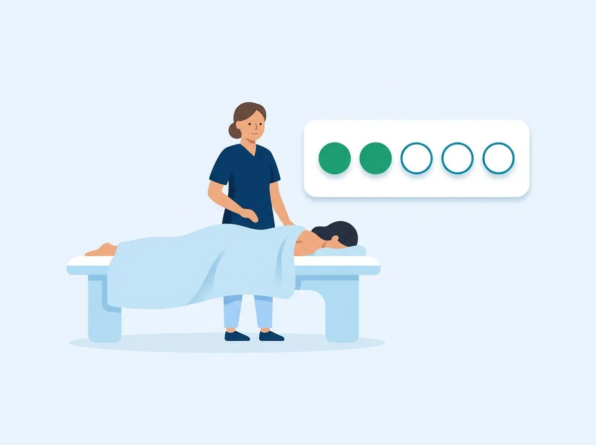 A massage therapist with a client, next to a card with five circles, two of them filled
