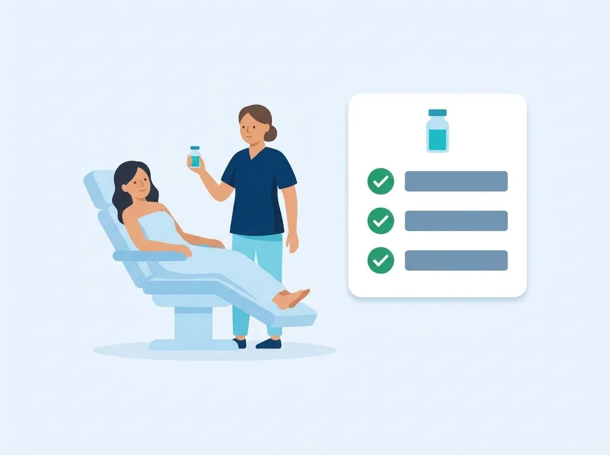 An injector holding a vial beside a client, next to a record with three ticked lines
