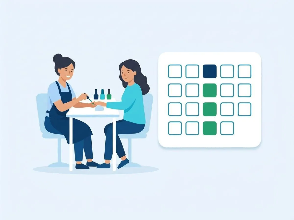 A nail tech painting a client’s nails, next to a calendar with four visits marked