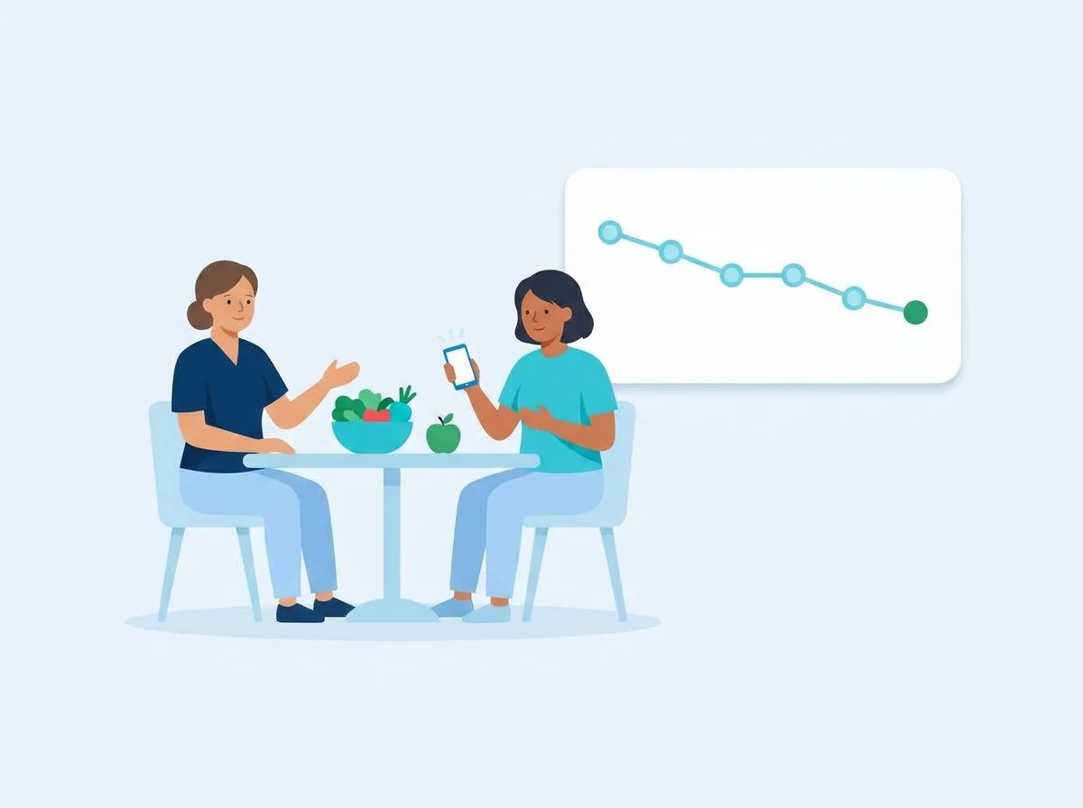 A dietitian and a client at a table, next to a progress chart going down